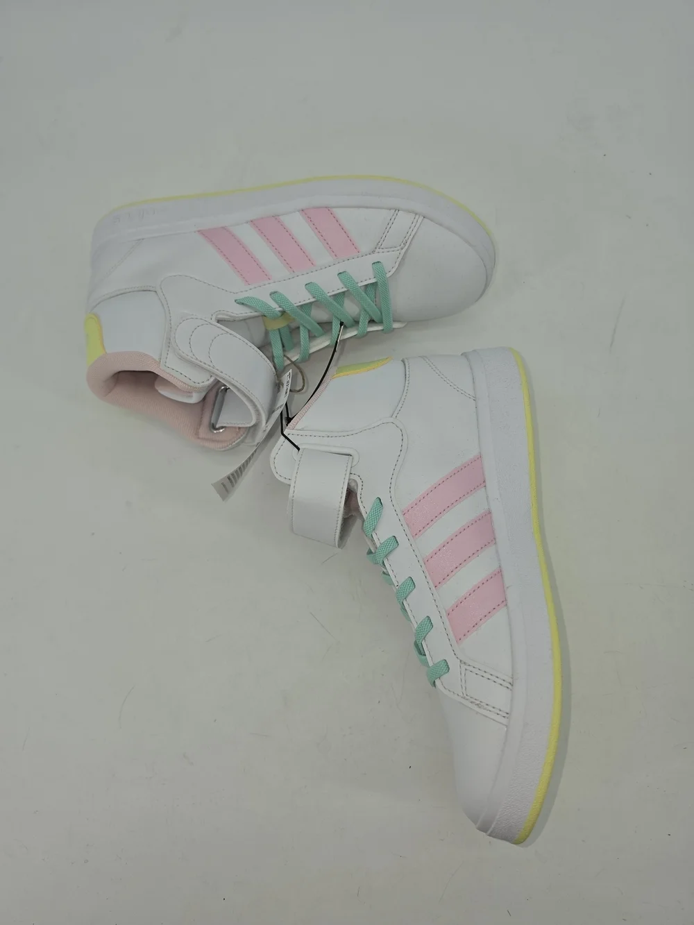 Adidas High-Top Sneakers in White with Pink Stripes and Mint Laces Y 5.5 W 7.5